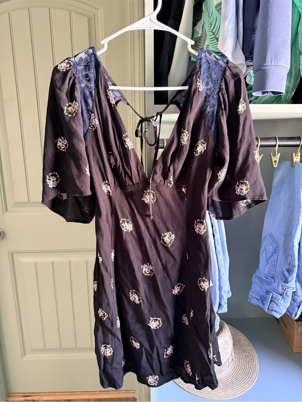 Free People Black Floral V-Neck Mini Dress with Puff Sleeves